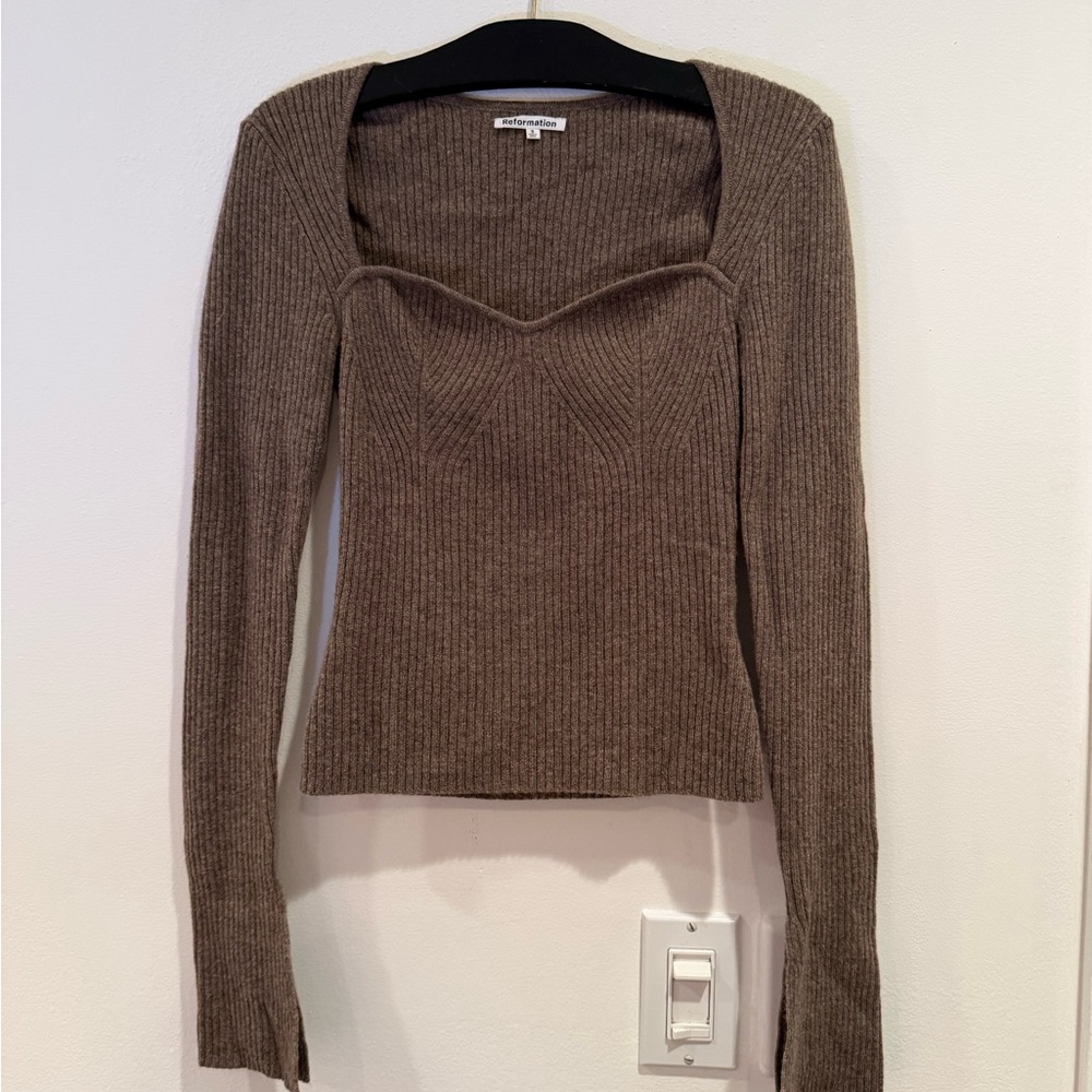 Reformation Taupe Ribbed Knit Sweetheart Sweater